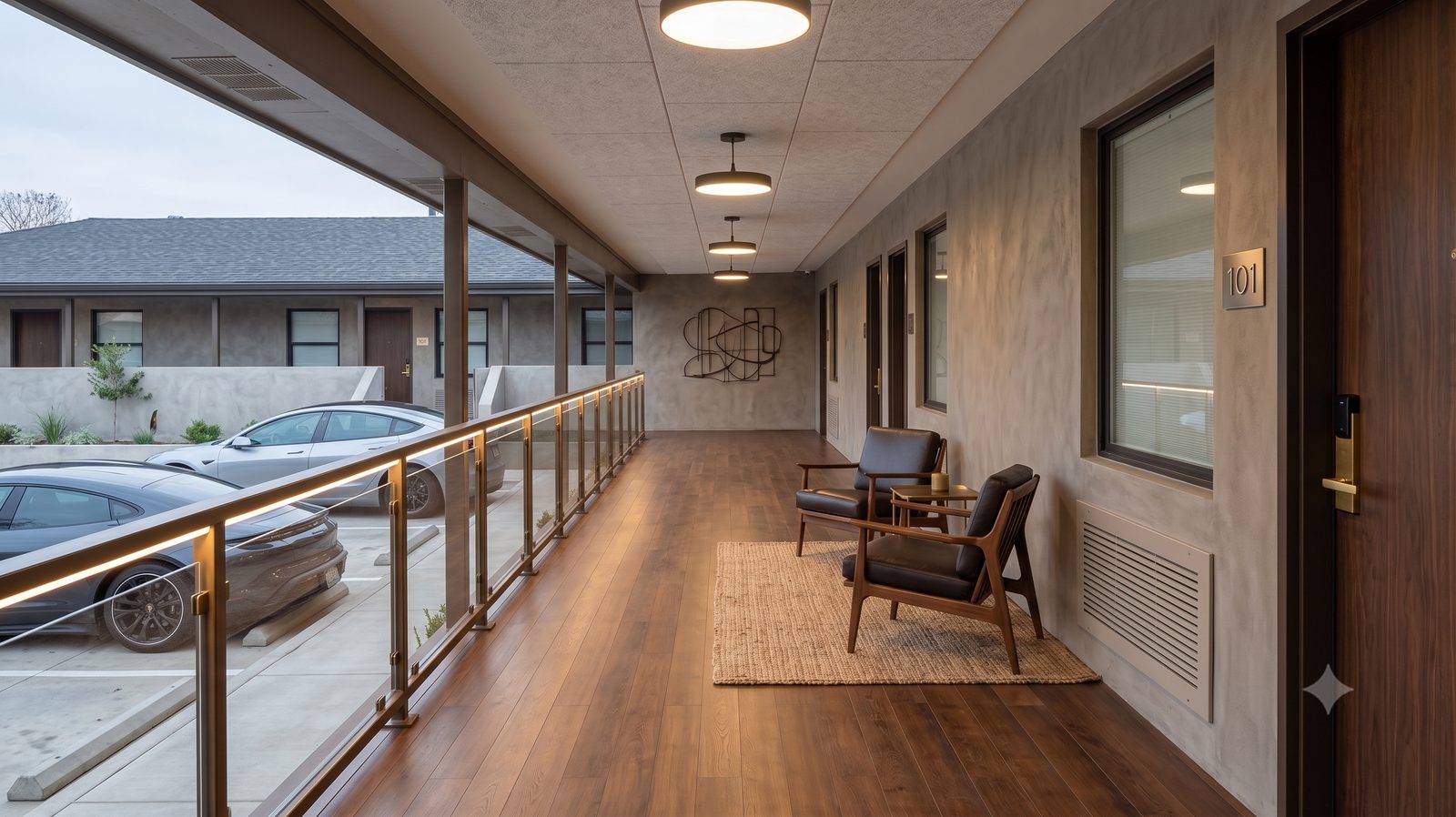 Covered walkway with seating